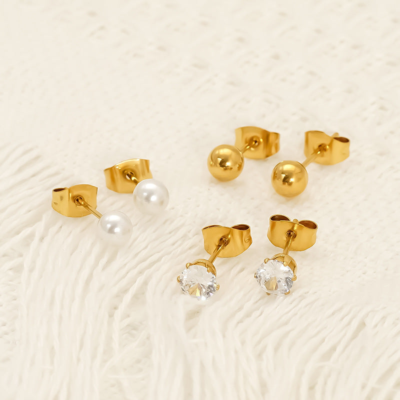 Wholesale Titanium Steel Zircon Pearl Steel Bead Earrings Niche Versatile Light Luxury Earrings
