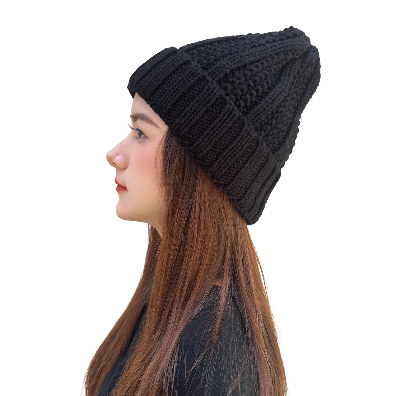 Wholesale Vertical Striped Curled Edge Knitted Wool Warm Hat