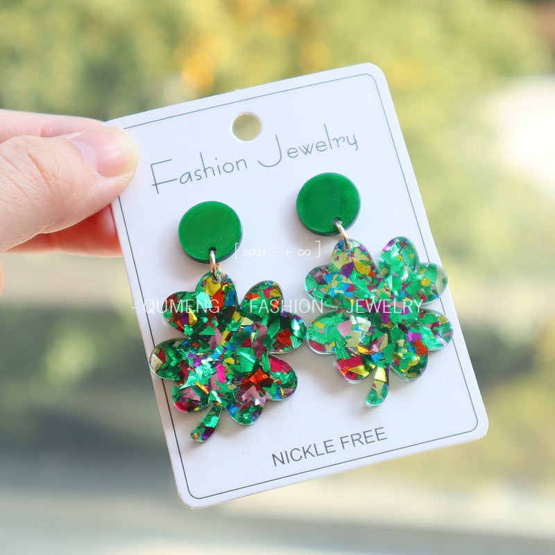 Wholesale St.  Patrick' s Day Sparkling Starry Sky Clover Acrylic Earrings