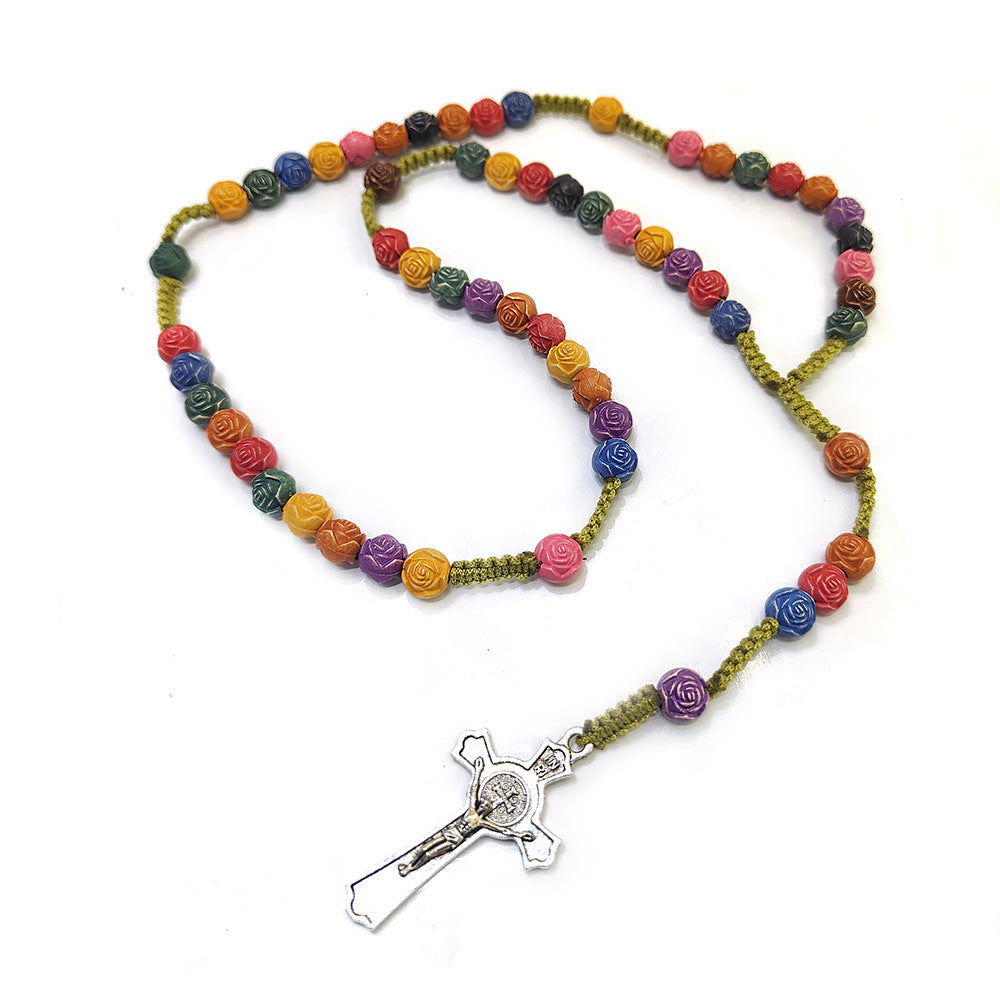 Wholesale Colorful Rose Beads Cross Rosary Handmade Prayer Beads