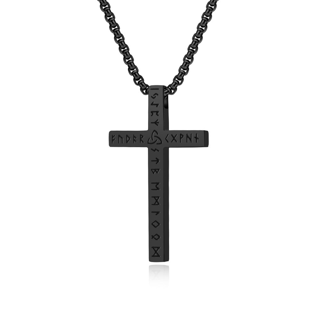 Wholesale Viking text titanium steel polished cross necklace rune genderless cross pendant