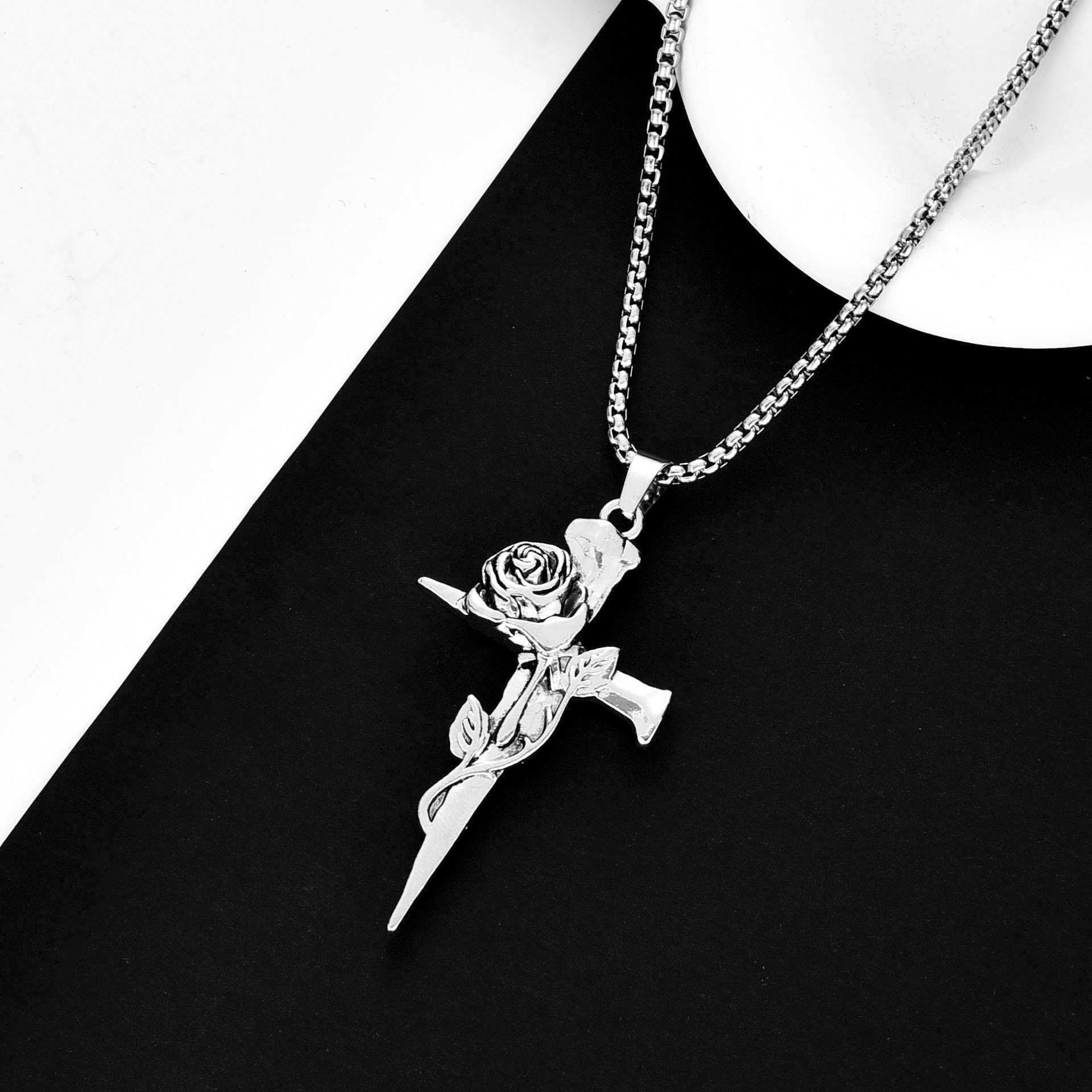 Wholesale Retro Rose Cross Hip Hop Couple Alloy Pendant Sweater Chain Necklace