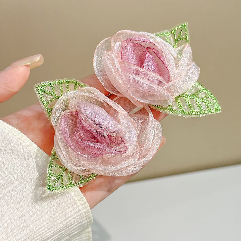 Wholesale Fabric flower super fairy handmade beaded fairy small fresh flower silver needle earrings