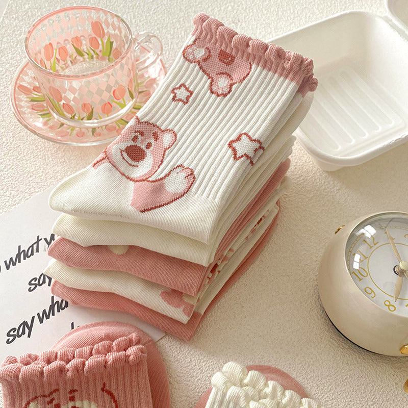 Wholesale Pink Medium Cotton Cute Girl Cartoon Lace Socks