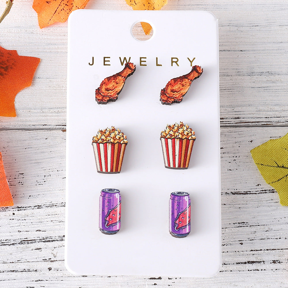 Wholesale Hamburger Hot Dog Chicken Leg Popcorn Food Wooden Earrings