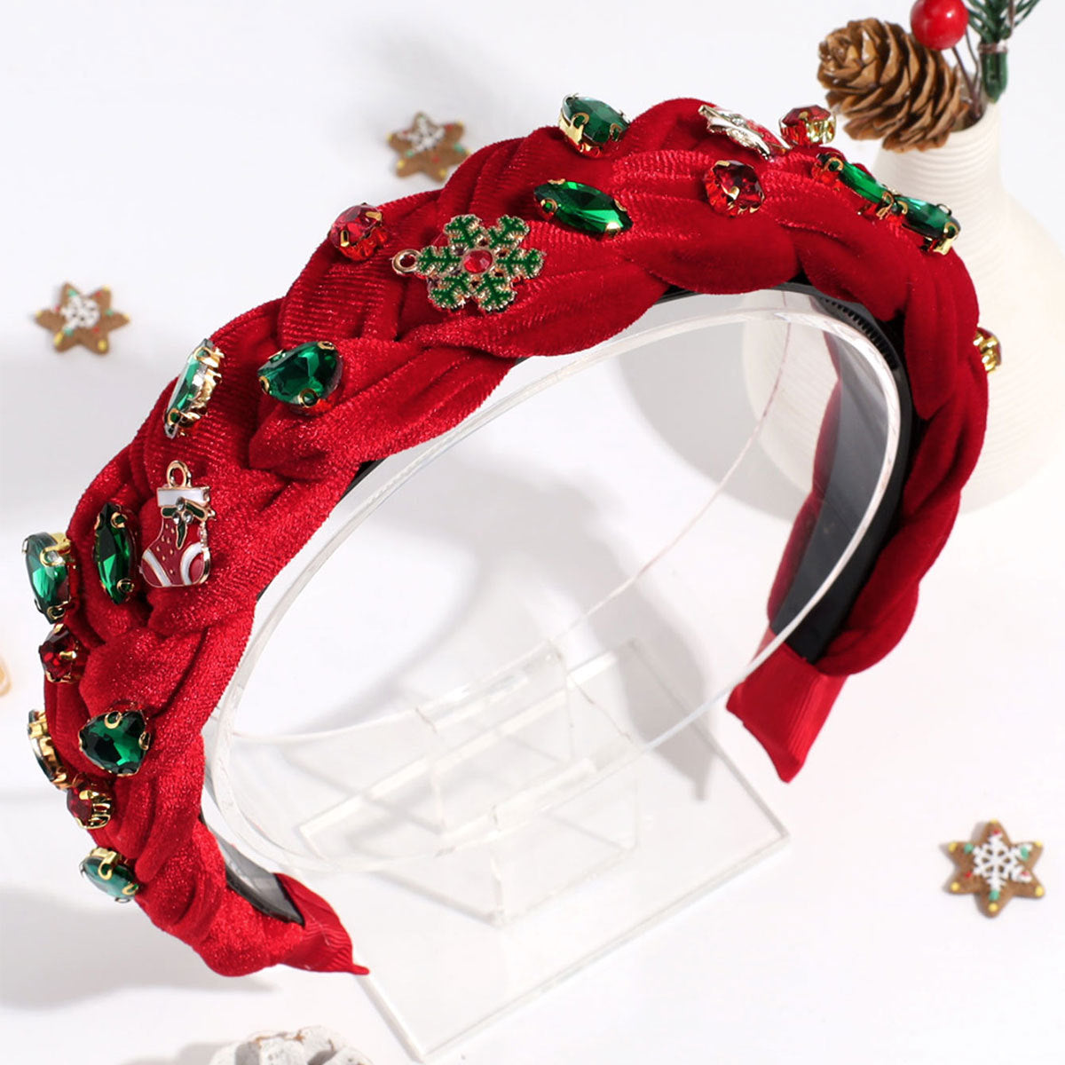Wholesale Christmas Wide Fried Dough Twists Braid Rhinestone Cloth Headband