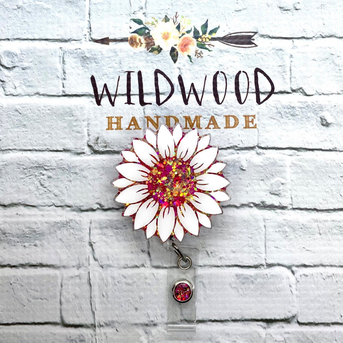 Wholesale Badge Reels Acrylic Glitter Sequins Seven Color Sunflower Retractable Keychain