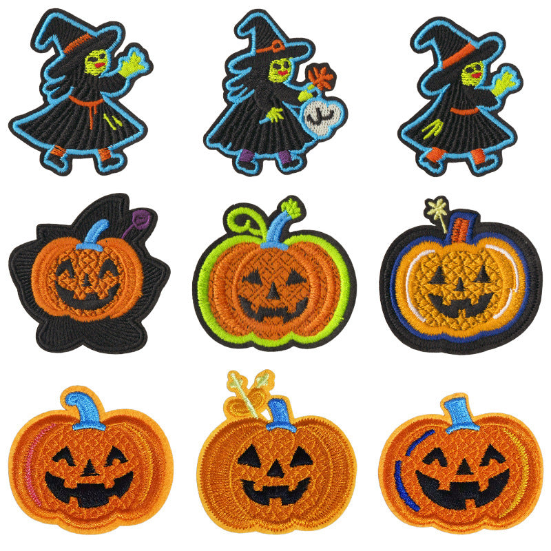 Wholesale  Embroidered Iron On Patches 9 Piece Set With Witch Pumpkin Cat Ghost Bat Designs For ets DIY Craft Supply Resale