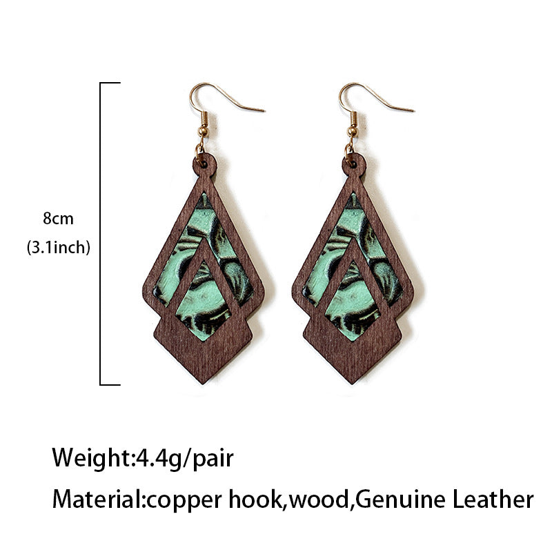 Wholesale Retro Genuine Leather Western Cowhide Embossed Inlaid Wood Geometric Hollow Earrings