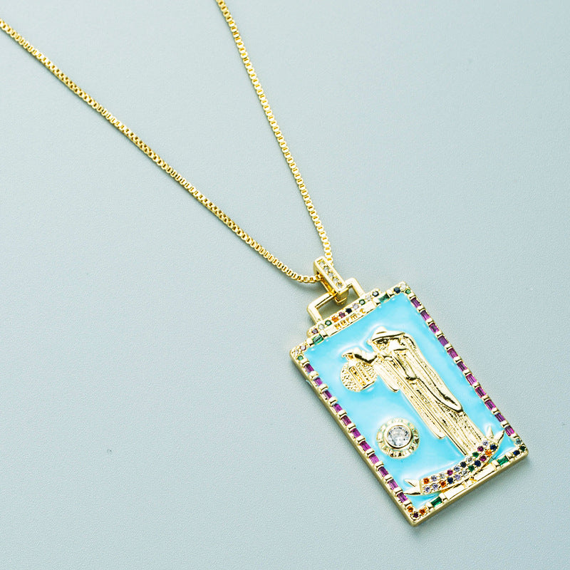 Wholesale Zircon Oil Drop Tarot Pattern Square Pendant Necklace