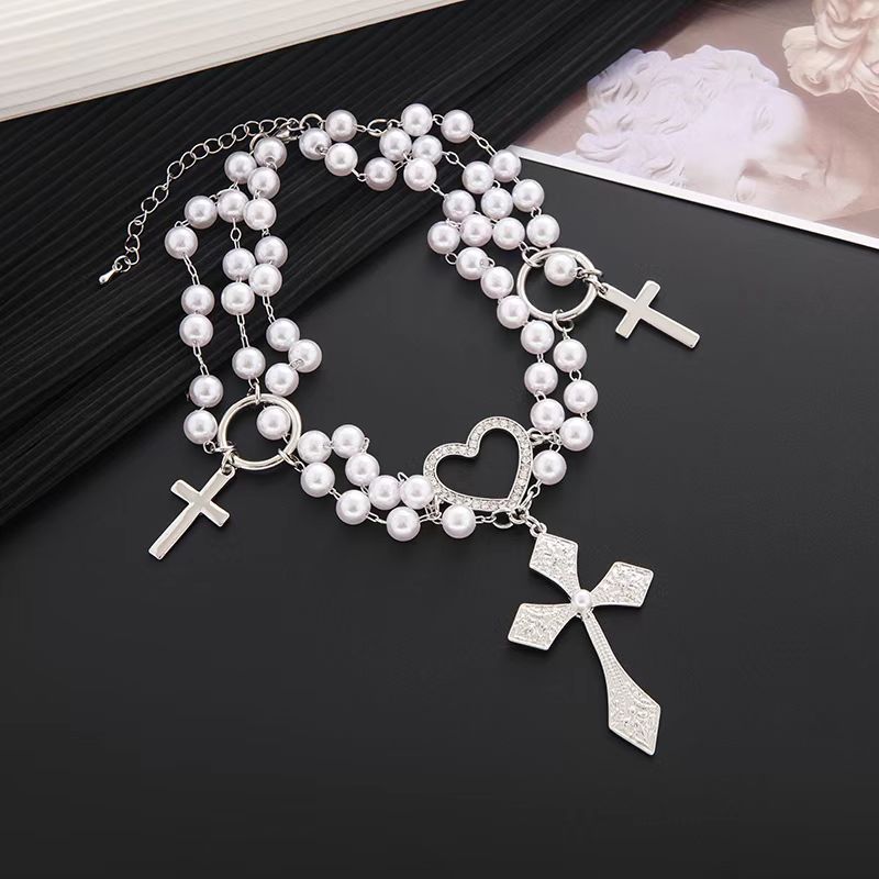 Wholesale Pearl and diamond heart cross retro hip-hop necklace