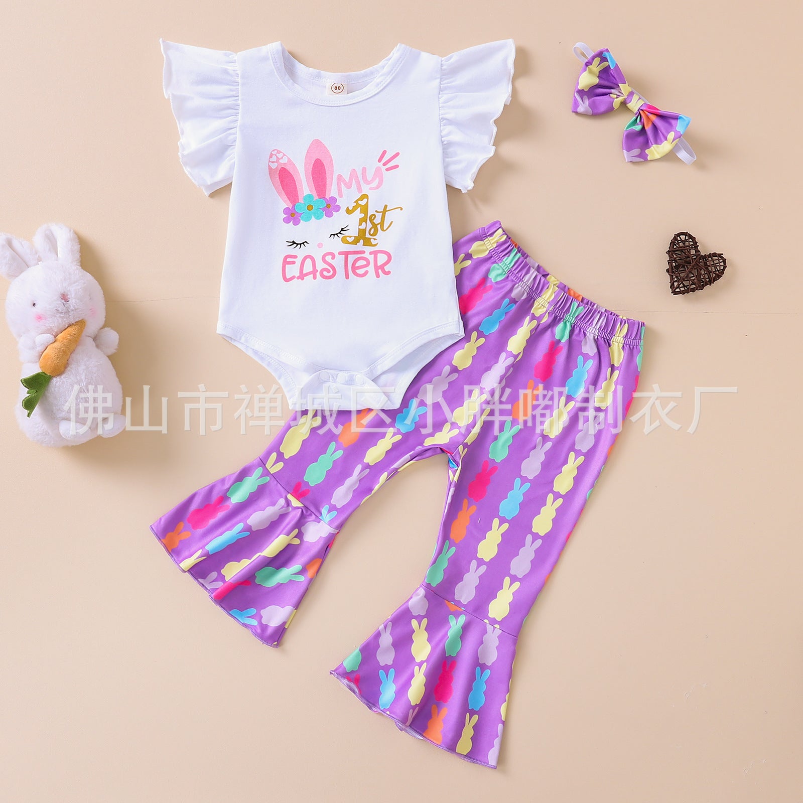 Wholesale Cotton Children's Flying Sleeve Candy Flower Colored Trumpet Pants Set