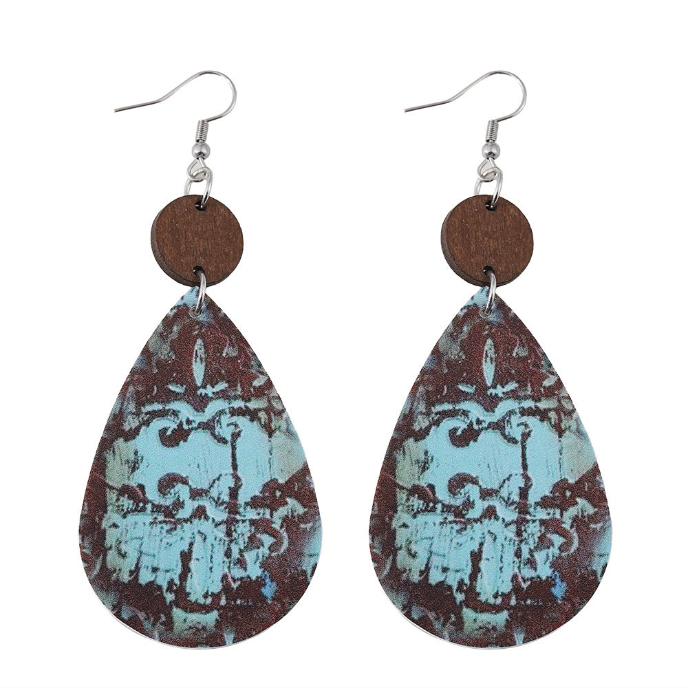 Wholesale Western style water drop pendant wood and leather double-sided earrings