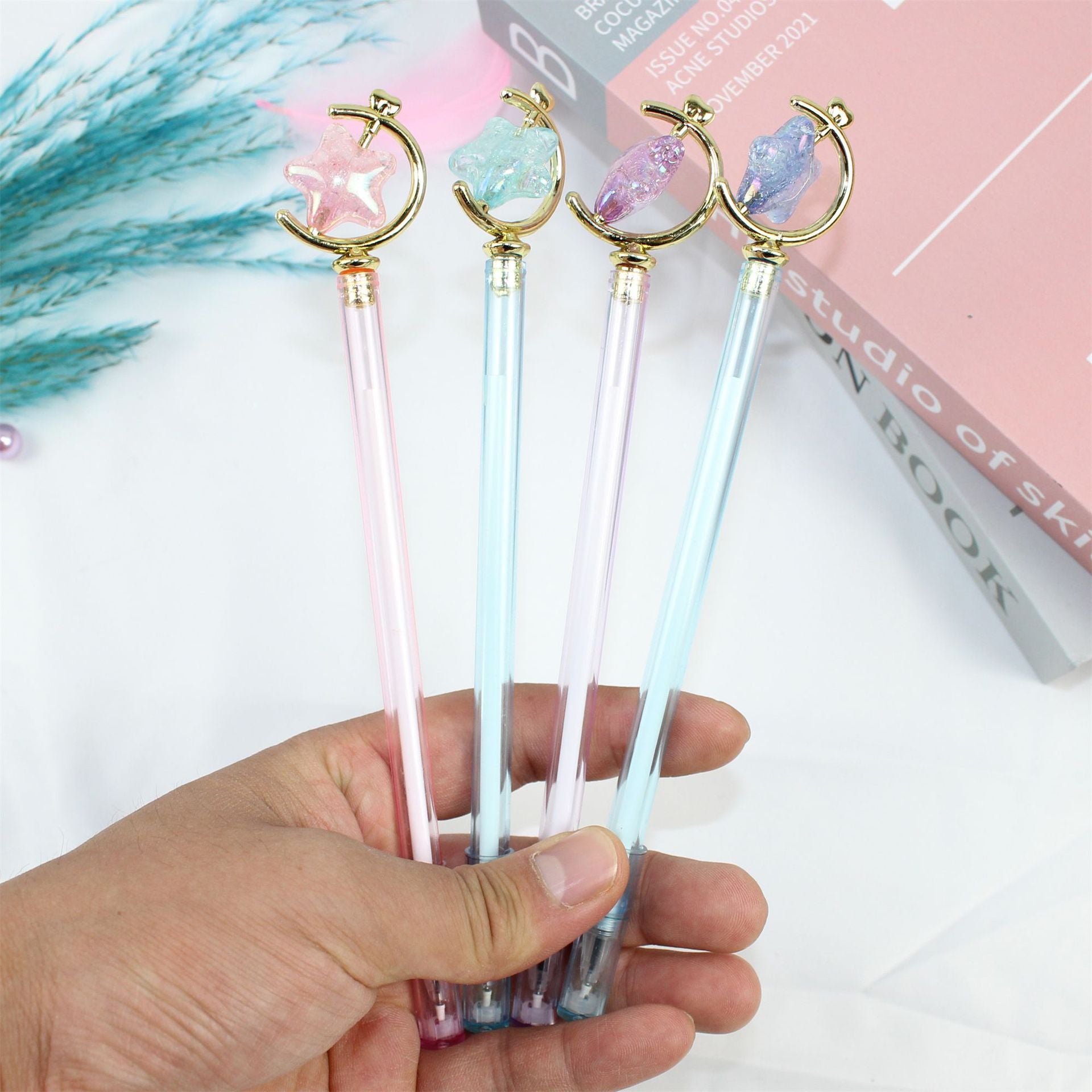 Wholesale 12pcs  Rotatable Beads Star Moon Plastic Gel Pen