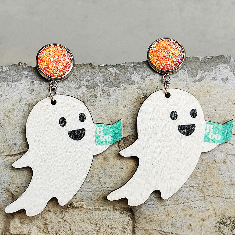 Wholesale 2 Pair/Pack Halloween Pumpkin Reading Ghost Bowknot Wooden Earrings