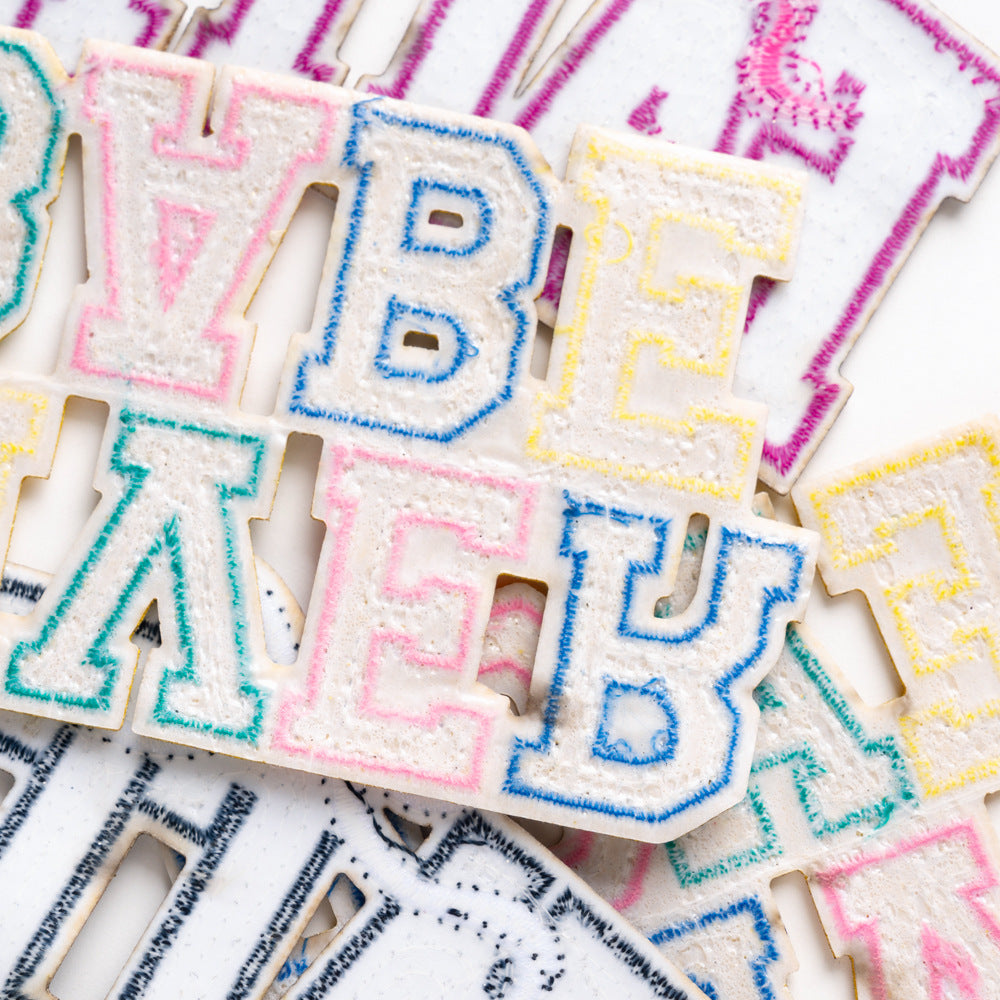 Wholesale Rayon Polyester Sequined Letter Patch Pink With Gold Silver Trim Stylish Decorative Embroidered Applique For Bags Coats Hats Resale