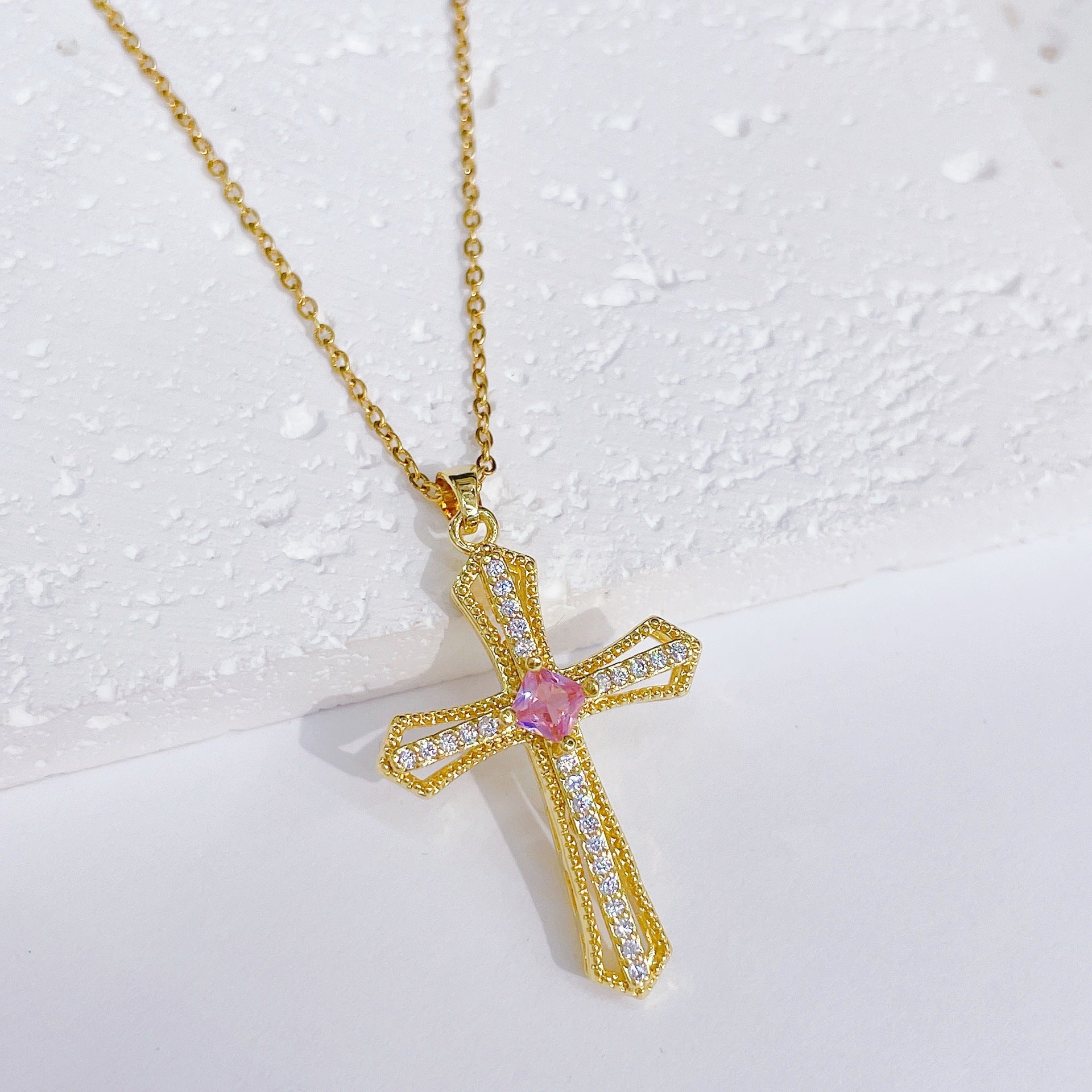 Wholesale Brass Gold Plated Cross Pendant Zircon Cast Titanium Steel Chain Necklaces
