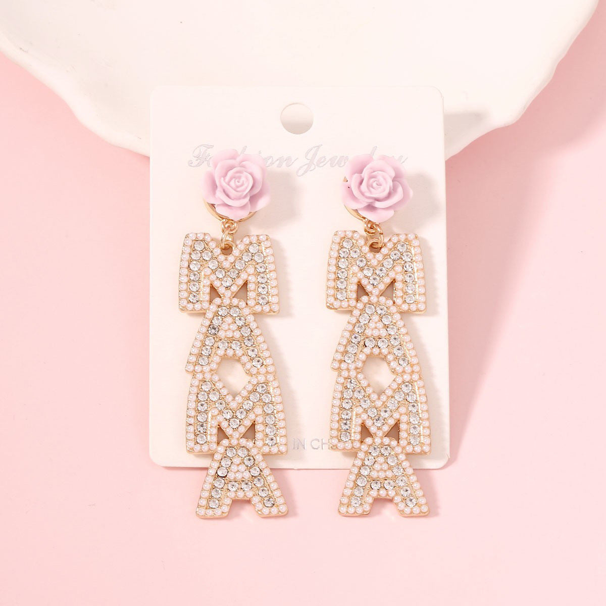 Wholesale  Mother' s Day creative letter  diamond pearl earrings light luxury earrings