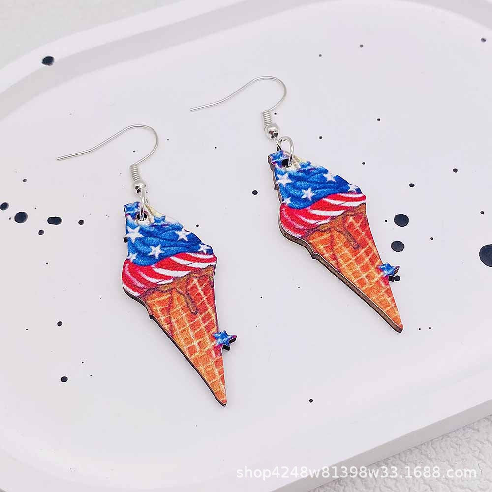 Wholesale Independence Day Five-pointed Star Ice Cream Print Wooden Earrings