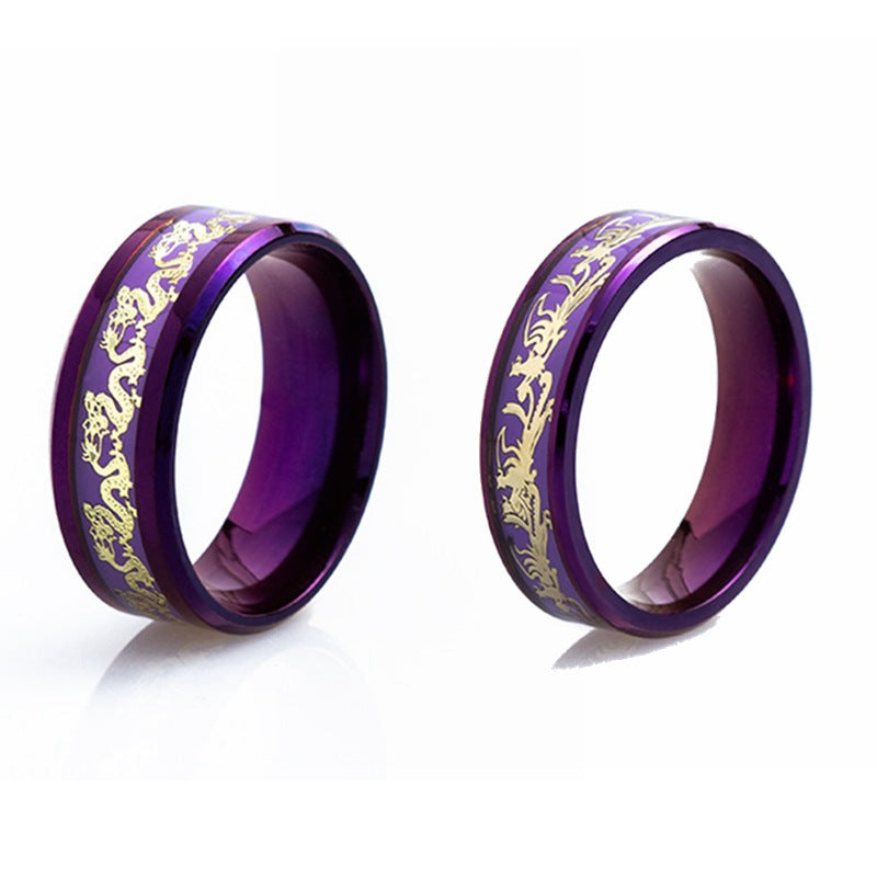 Wholesale 2024  Internet Popular Jewelry Inlaid with Dragon and Phoenix Pattern Purple Titanium Steel Ring Couple's Ring