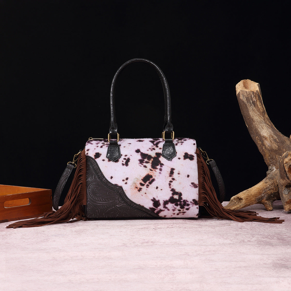 Wholesale Retro Cow Pattern Western Style Handbag Furry Velvet Crossbody Shoulder Bag