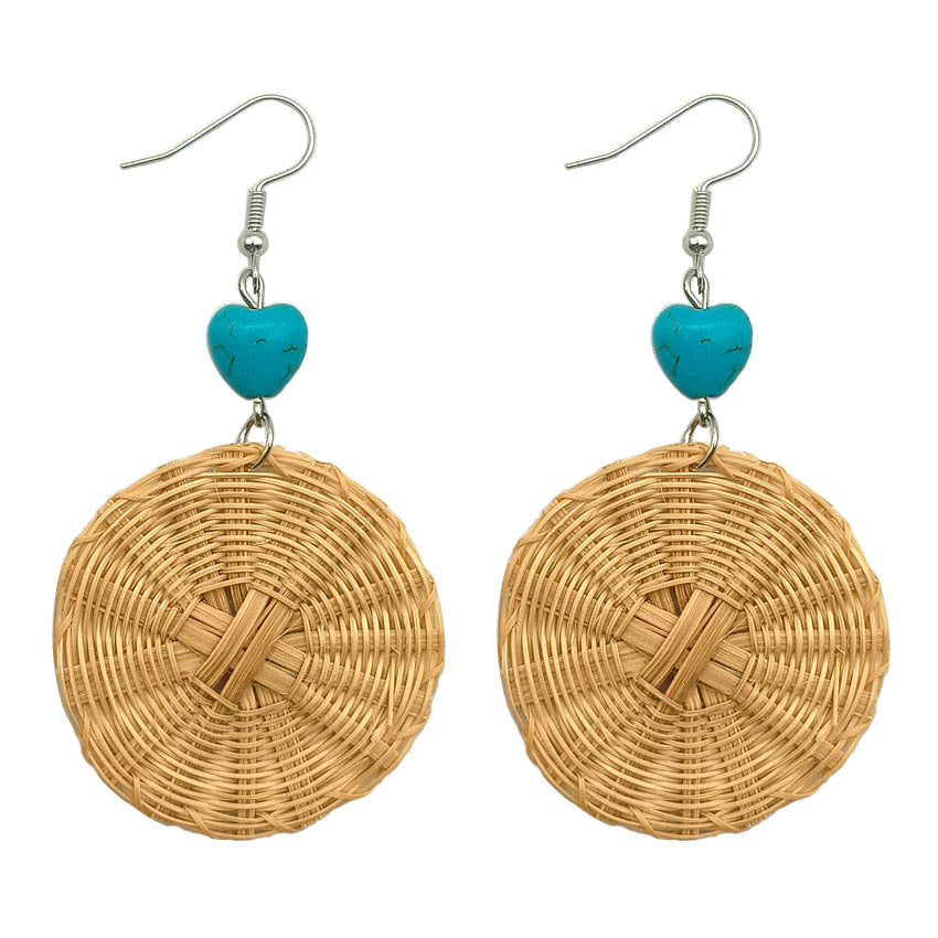 Wholesale Straw and rattan round turquoise long alloy earrings