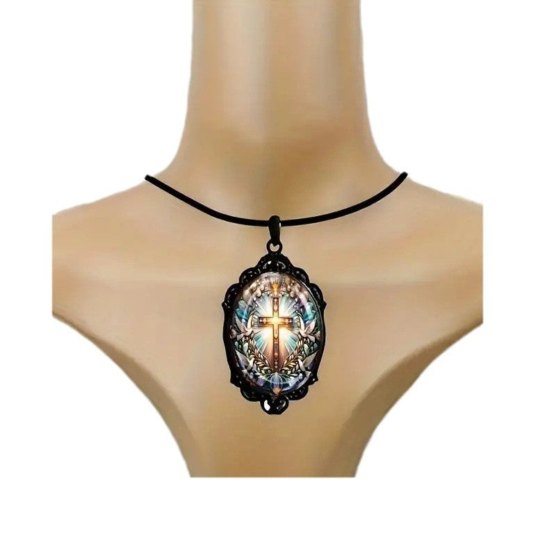 Wholesale Cross Pattern Black Frame Glass Necklace