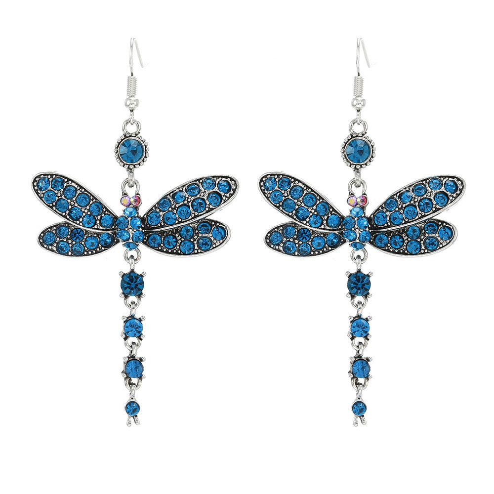 Wholesale Vintage Ethnic Blue Tassel Dragonfly Drop Earrings For Women Zinc Alloy Electroplated Fashion Jewelry Accessory