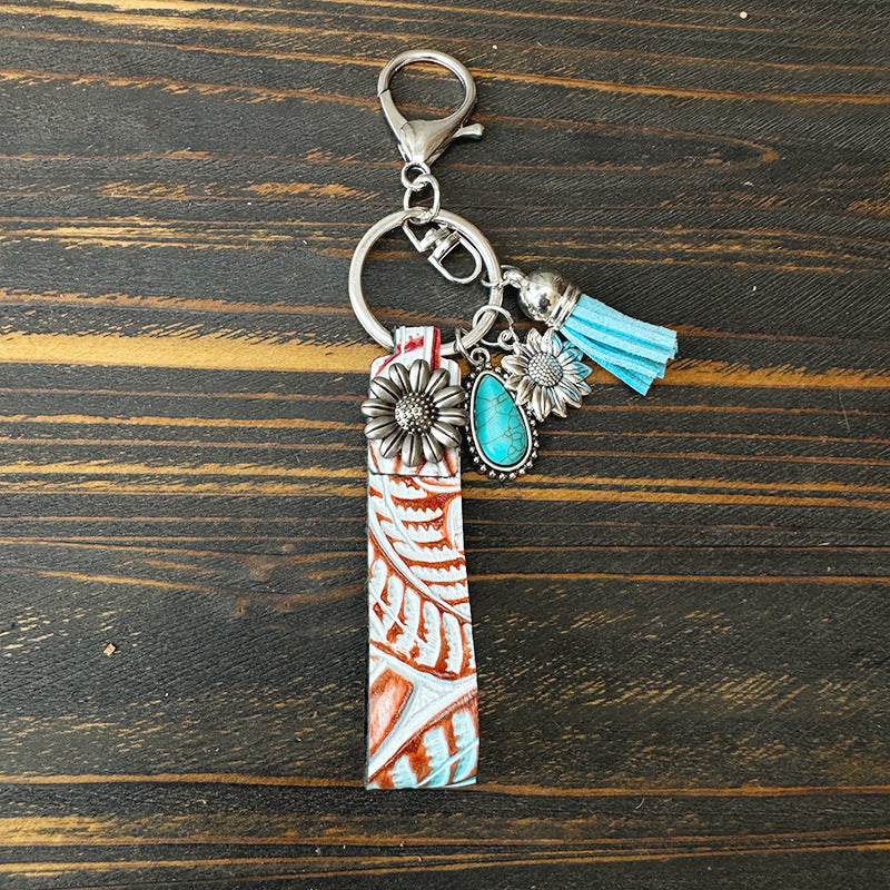 Wholesale Western Cowboy Vintage Genuine Leather Turquoise Cowhide Keychain