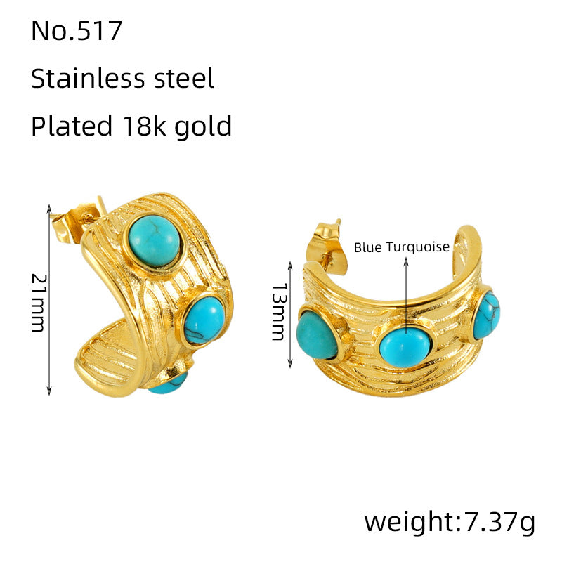 Wholesale Retro Fashion Temperament Versatile Design Texture Light Luxury Inlaid Blue Turquoise Earrings