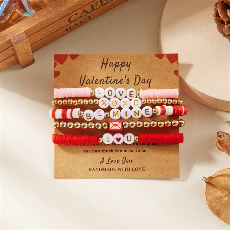 Wholesale Pink Love Valentine' s Day Layered Bracelet Set