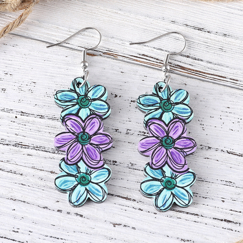 Wholesale Bohemian Color Flower  Wooden Double-Sided Earrings