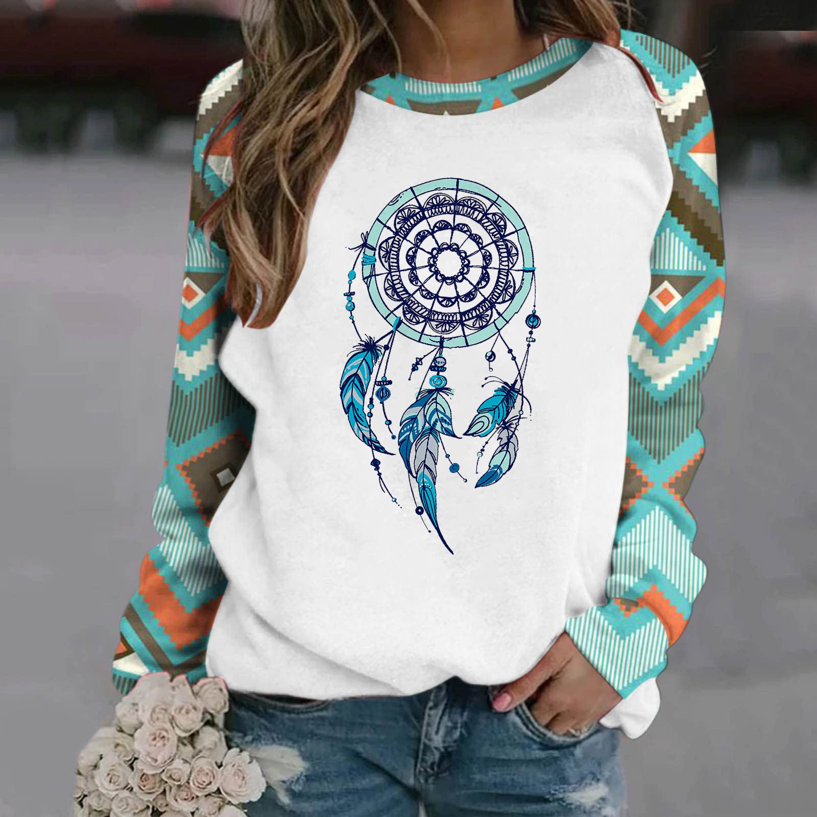 Wholesale Polyester Fiber Retro Geometric 3D Printed Long Sleeved Round Neck Hoodie