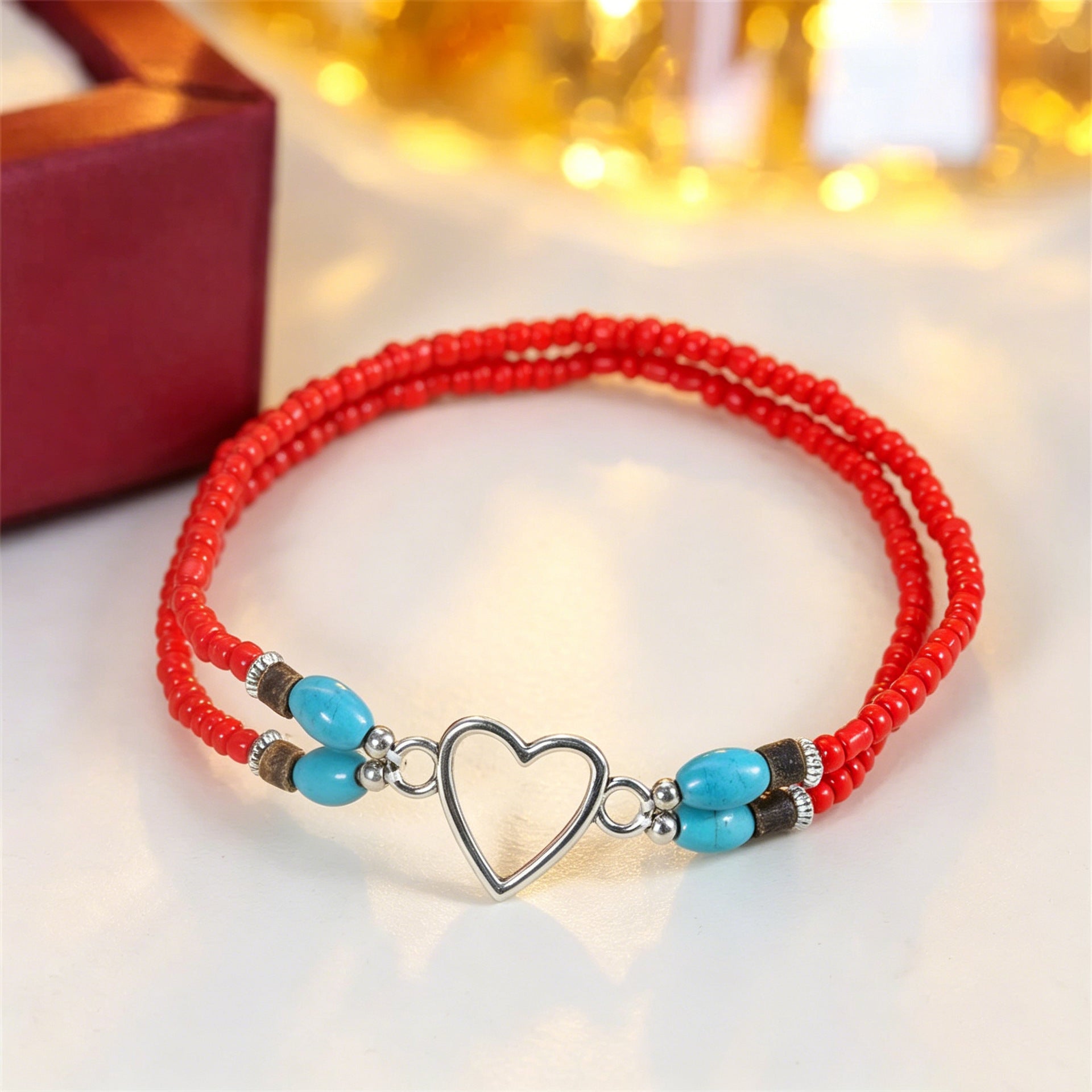 Wholesale Vacation Style Double Heart Beaded Elastic Ankle Bracelet Unisex Fashion Jewelry Accessory For Couples Gift And Boutique Resale