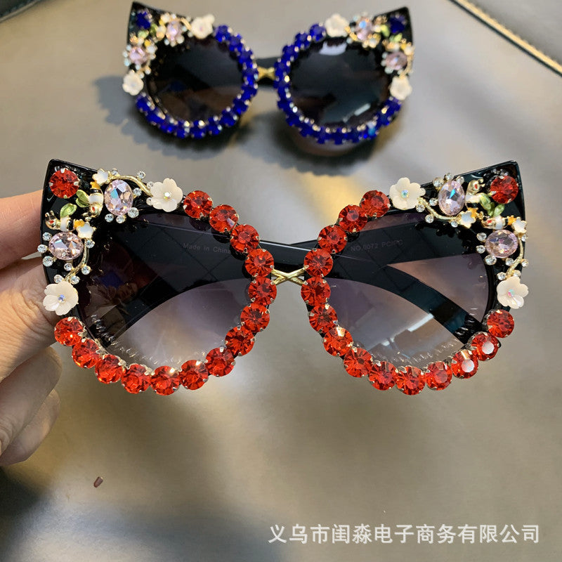 Wholesale Flower Metal Diamond Exaggerated Cat Eye Sunglasses