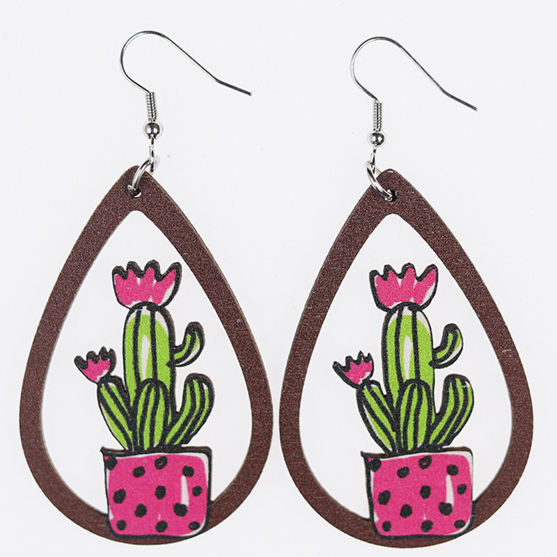 Pendientes de madera con estampado de toro de cactus de girasol hollow al por mayor