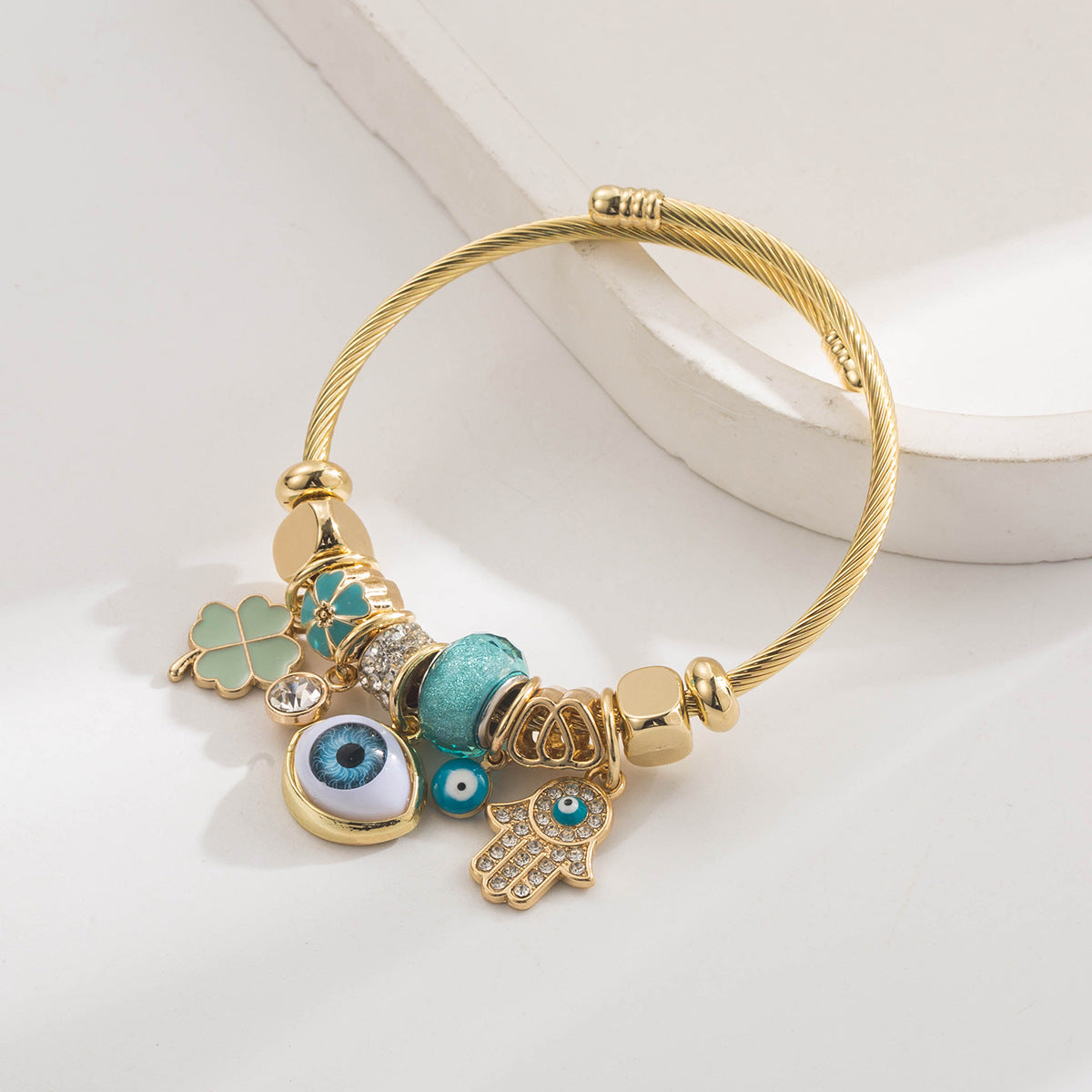 Wholesale Diamond studded Devil' s Eye Palm Clover Stainless Steel Bracelet