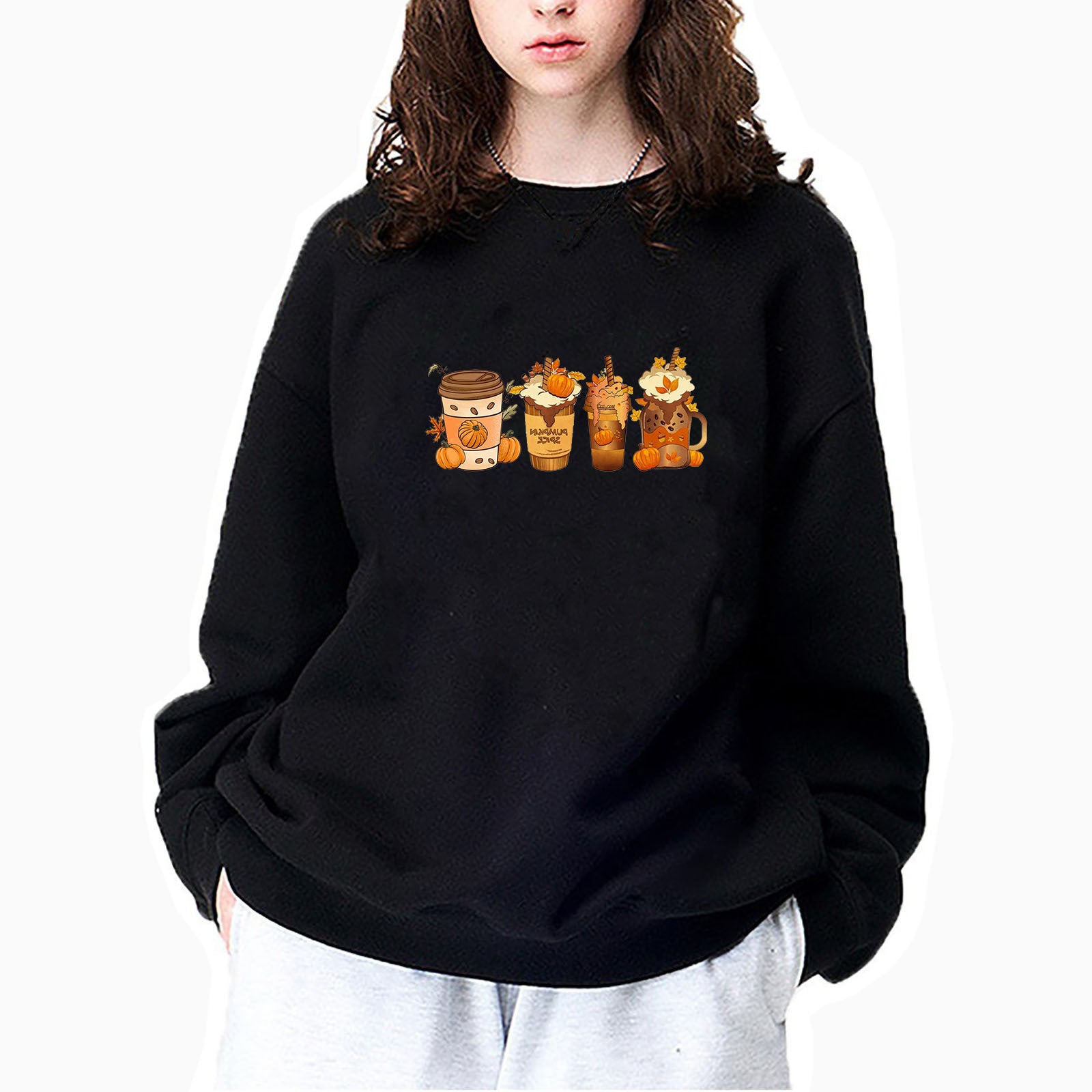 Wholesale Thanksgiving Sweatshirt Pumpkin Coffee Cup 3D Printed Round Neck Sweatshirt