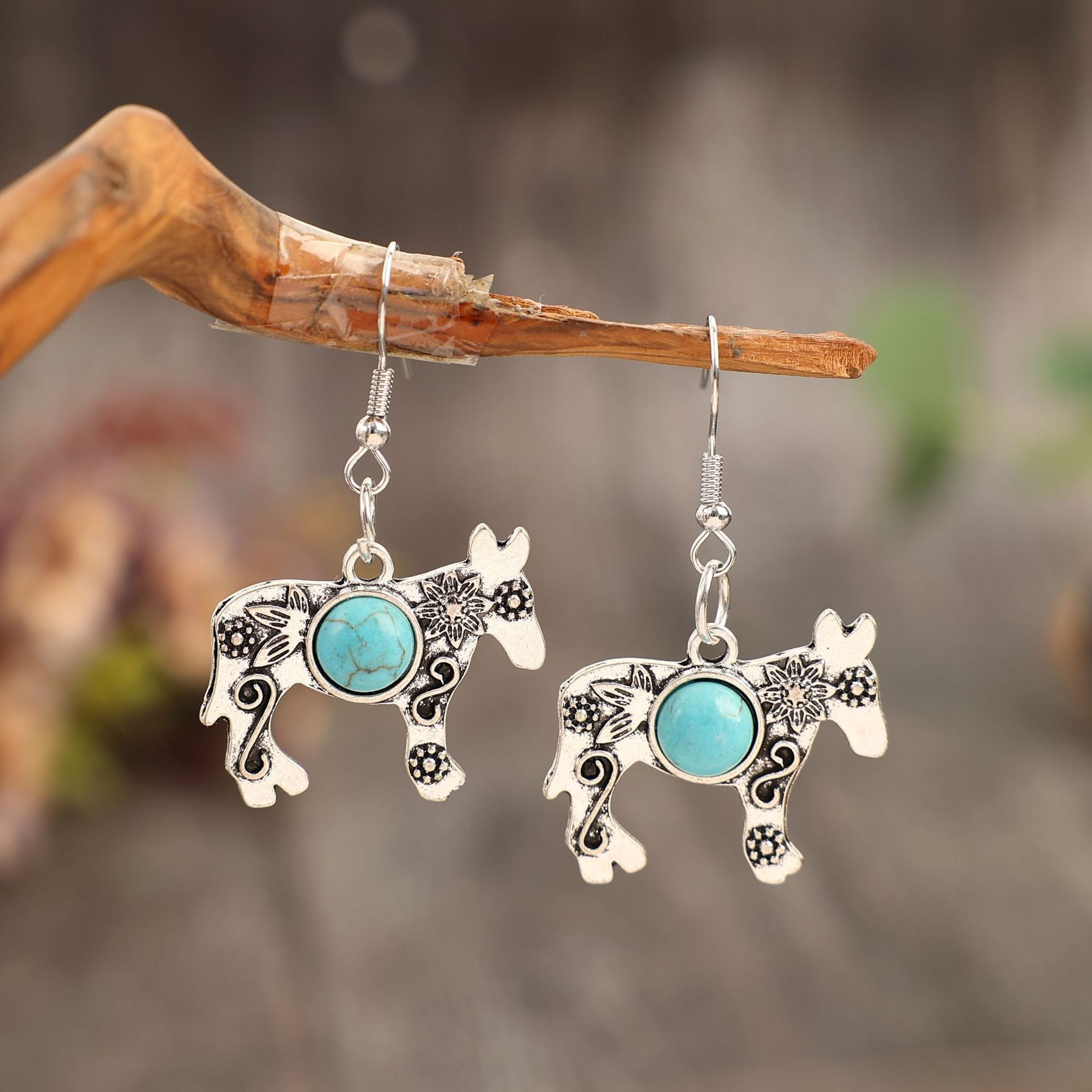 Wholesale Vintage Alloy Blue Turquoise Horn Earrings