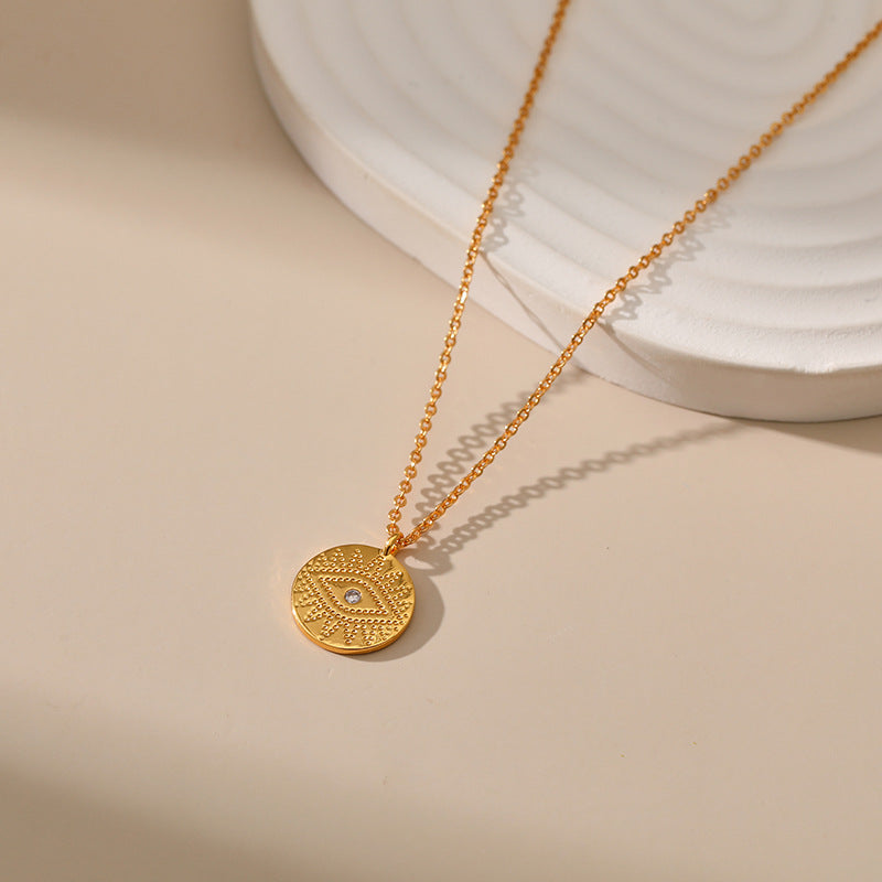 Wholesale Devil's Eye Copper Plated 18K Real Gold Retro Disc Necklace Clavicle Chain
