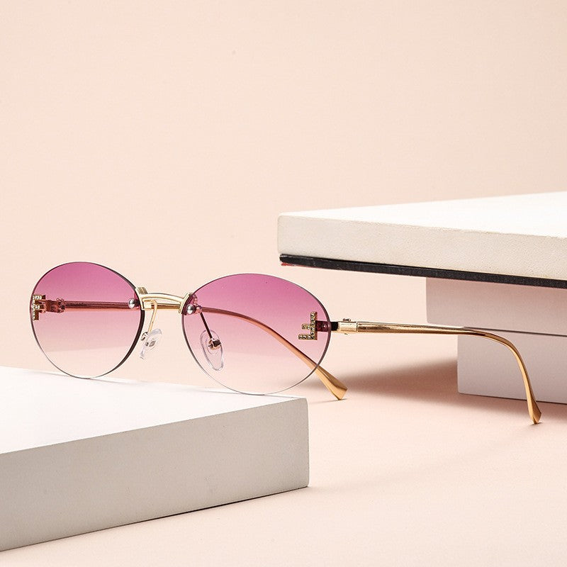 Wholesale Letter frameless diamond inlaid oval frame sunglasses