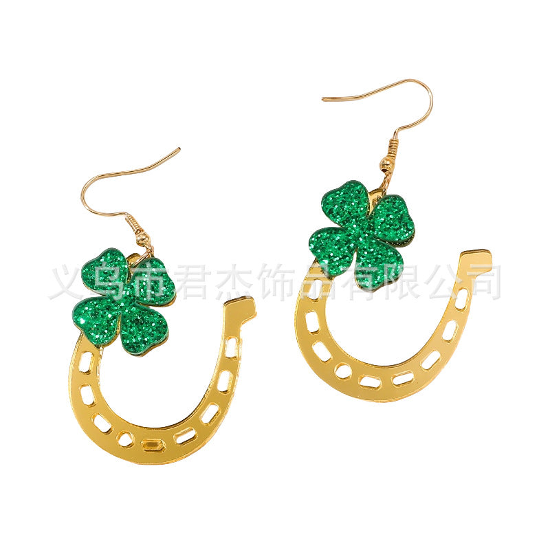 Wholesale St. Patrick's Day Carnival Personalized Green Acrylic Glitter Clover Earrings