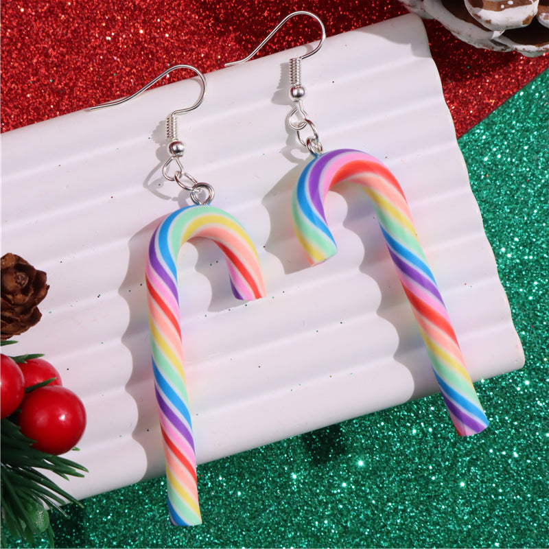 Wholesale Simulation Soft Pottery Large Cane Candy Christmas Rainbow Stripe Rainbow Candy Pendant Earrings