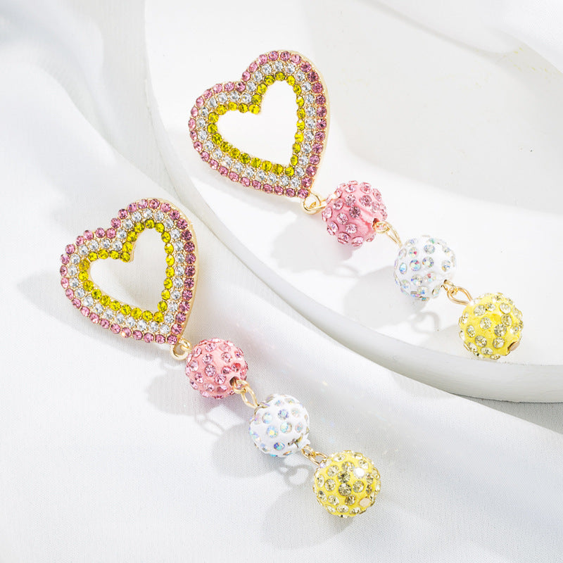 Wholesale Heart Shape Color Ball Alloy Diamond Long Earrings