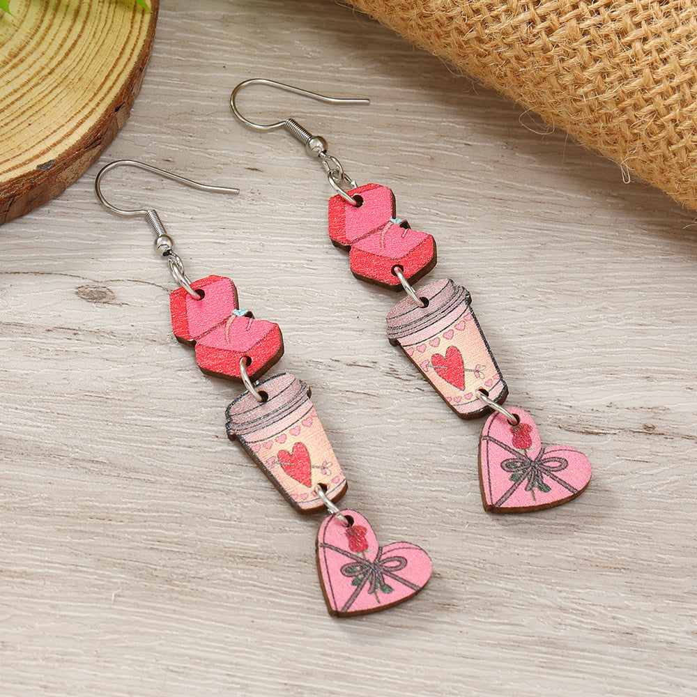 Wholesale Valentine's Day Love Gift Boxes, Water Cup Printed Wooden Earrings