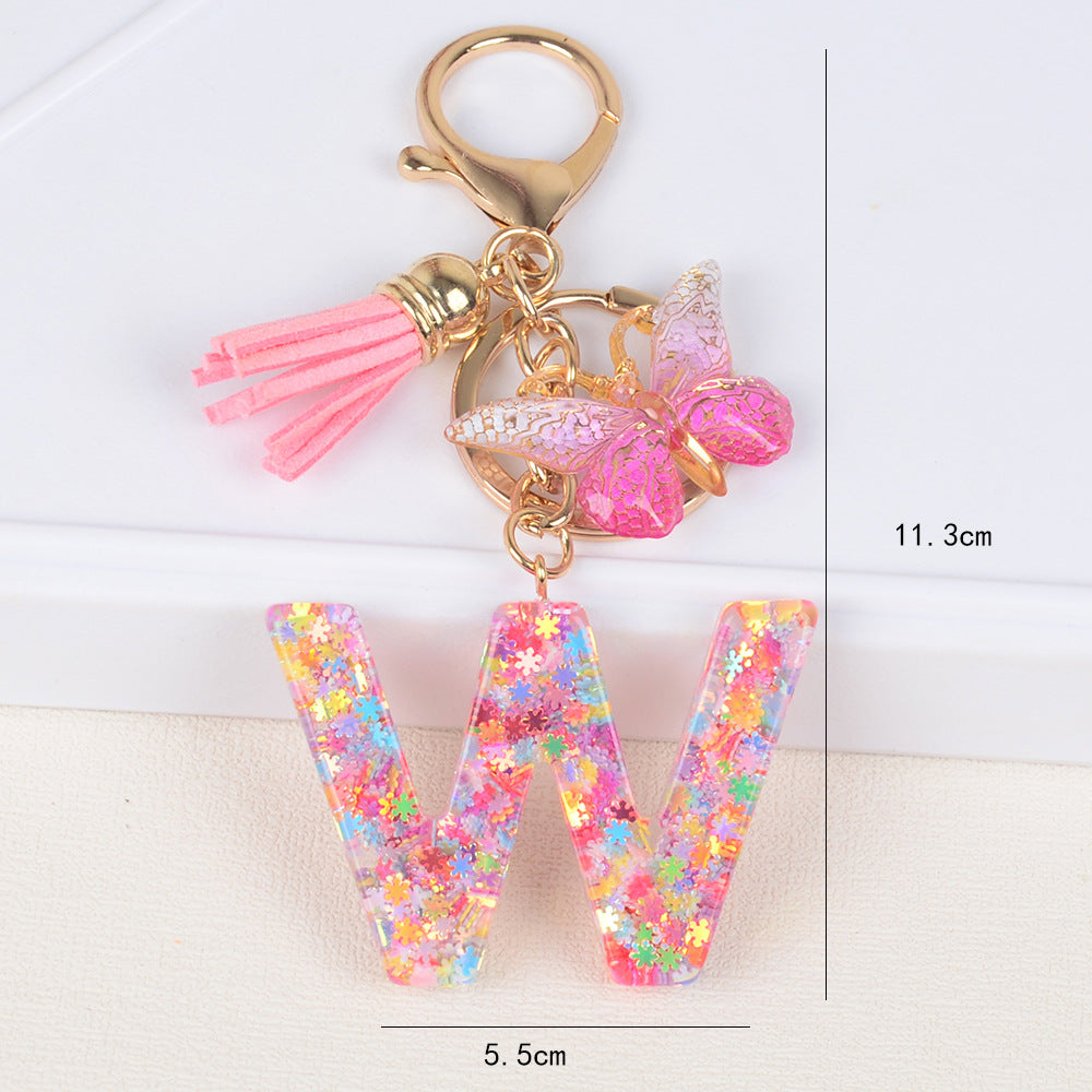 卸売スパンコールスノーフレークレター樹脂キーホルダー