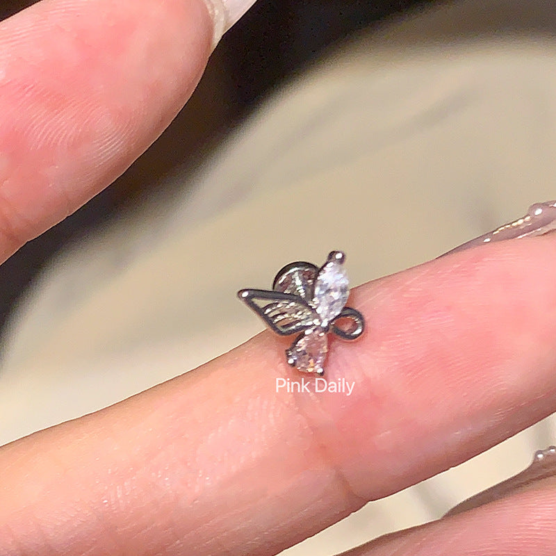 Wholesale Pink zircon cross ear bone studs titanium steel butterfly cochlear studs