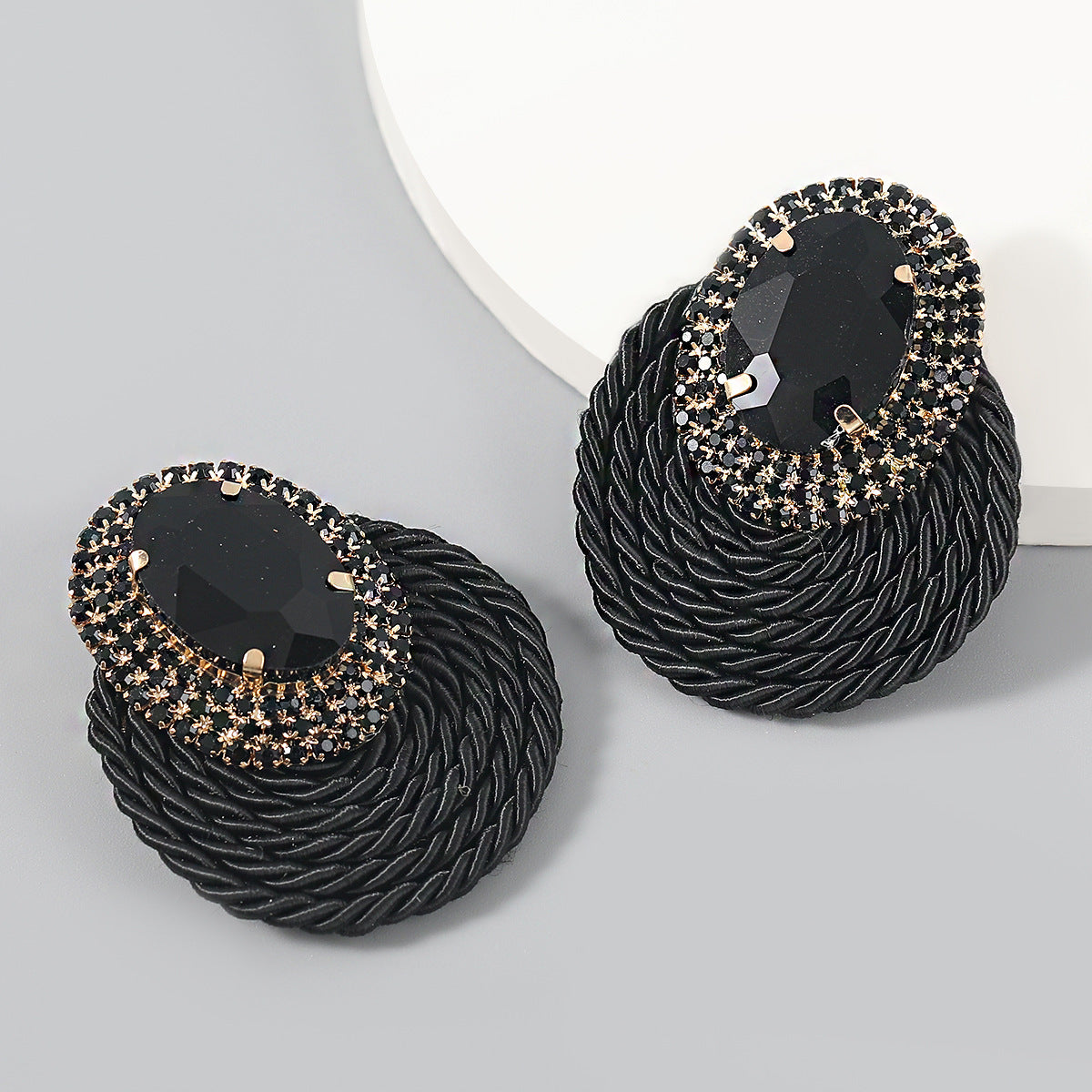 Wholesale studded oval elastic thread woven round earrings