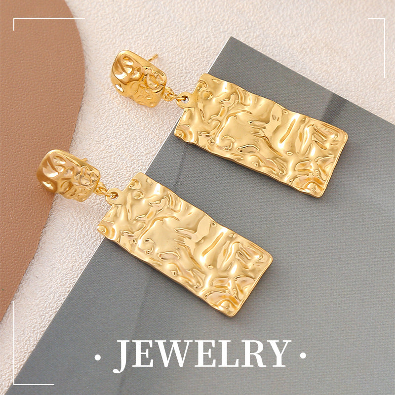 Wholesale Personalized Retro Design Titanium Steel Gold-plated Long Square Pleated Earrings