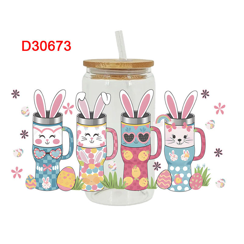 Wholesale Colorful Easter cartoon rabbit with letters 16oz Cup UV DTF Wraps